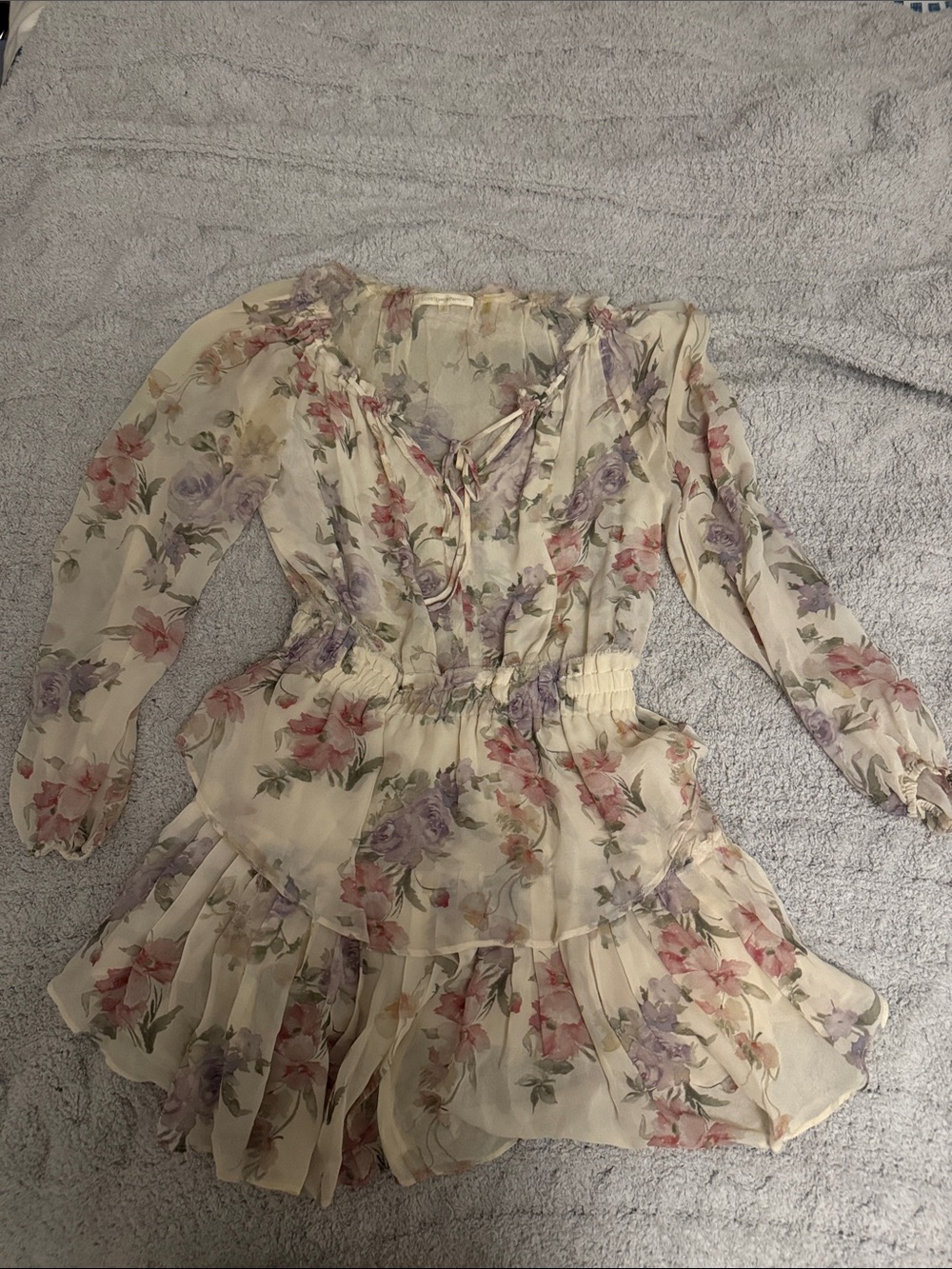 LoveShackFancy Cream Floral Long-Sleeve Tiered Mini Dress - Picture 1 of 3
